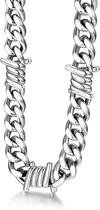 Bestyle Barbed Wire Necklace 5/7/9/12mm Mens Chain Necklaces Hip-hop Punk Gothic Stainless Steel Chain Heavy Thick Cuban Link Chain for Men Women, Length 16/18/20 Inch