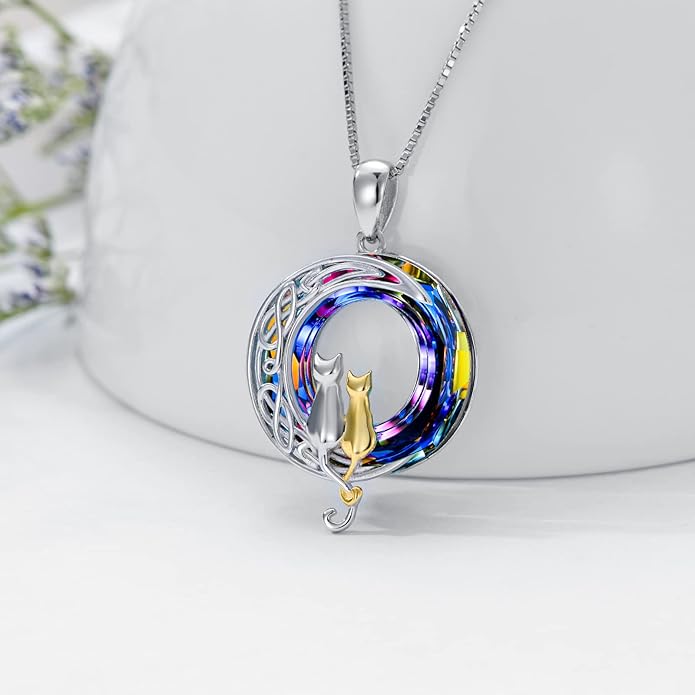 TOUPOP Christmas Cat Gifts for Cats Lovers One Two Three Four Cats Necklace Sterling Silver Cats on the Moon Pendant Necklace with Blue Circle Crystal Birthday Christmas Celtic Jewelry Gifts for Women
