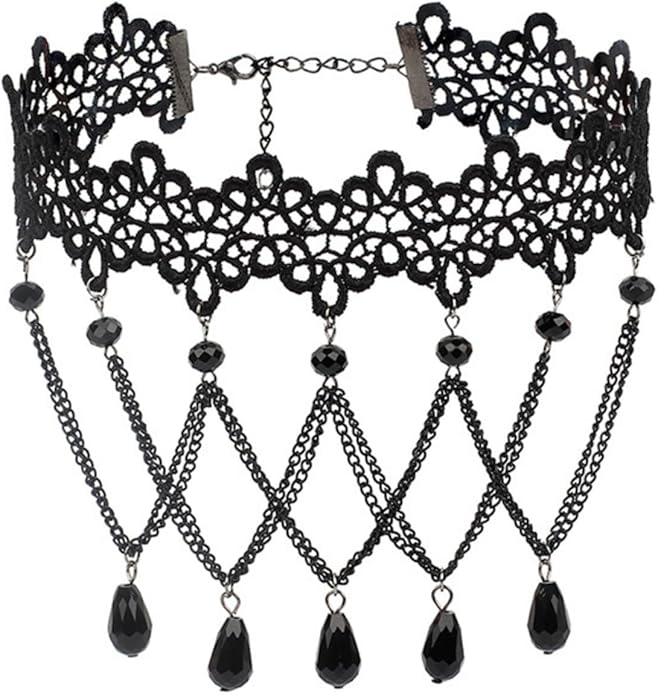 Gothic Lace Choker Necklace for Women,Vintage Black Crystal Hollowed Out Choker Statement Punk Style Layered Tassels Necklace Halloween Dark Witch Costume