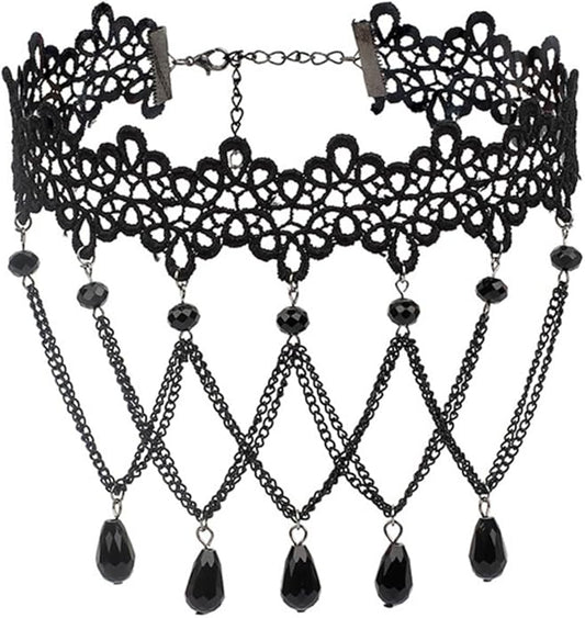 Gothic Lace Choker Necklace for Women,Vintage Black Crystal Hollowed Out Choker Statement Punk Style Layered Tassels Necklace Halloween Dark Witch Costume