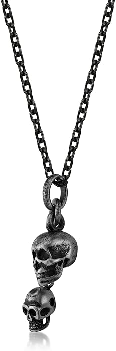 Metro Jewelry Double Skull Necklace for Men in Stainless Steel with Antique Finish on 24 Inch Curb Chain with Lobster Claw