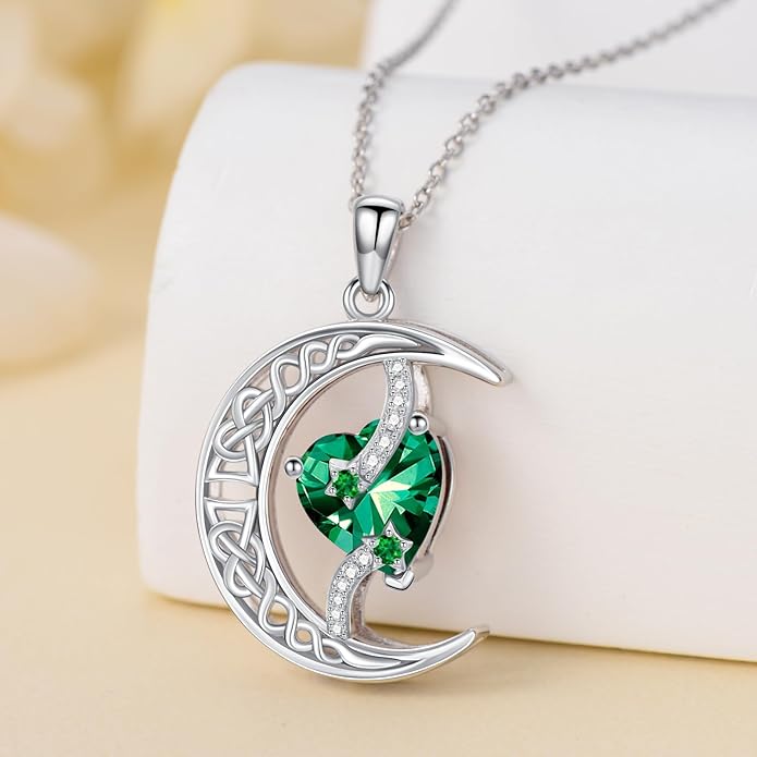 TOUPOP Moon and Star Birthstone Necklace for Women 925 Sterling Silver Celtic Moon Jewelry Birthday Christmas Gifts for Her Girlfriend