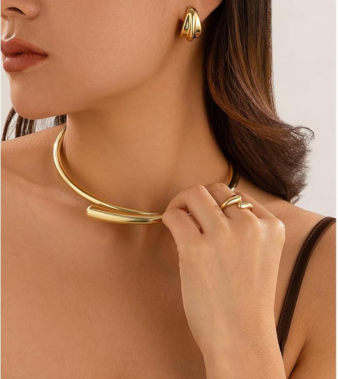 Chunky Plated Gold Necklace for Women Trendy Open Cuff Gold Collar Teardrop Thick Choker Gold Plating Statement Necklaces