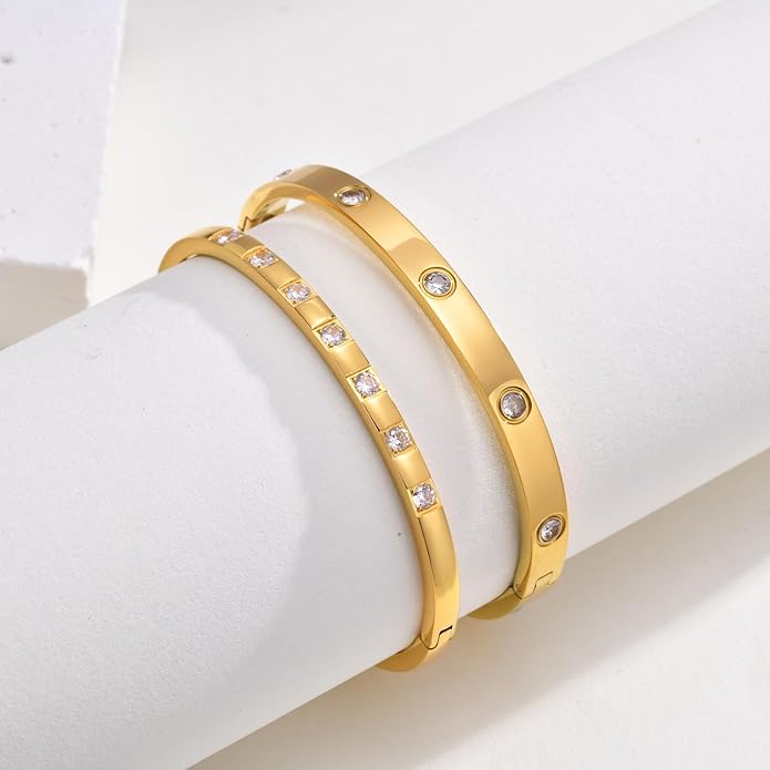 MPRAINBOW Gold Bracelets for Women, 2Pcs 18K Gold Plated Cubic Zirconia Bangle Crystal Friendship Bracelet Jewelry,Wedding Party Christmas Birthday Gifts for Her Girlfriend Sister Daughter