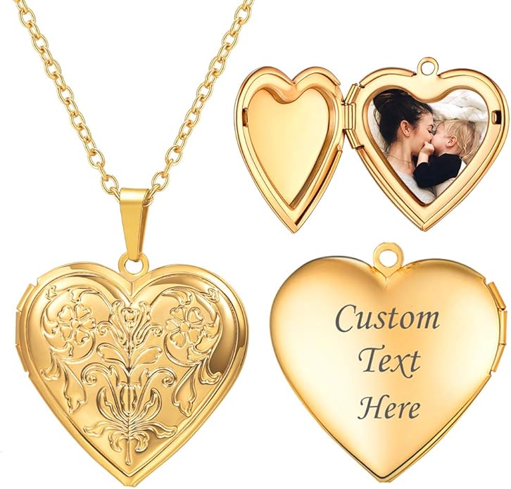 U7 Women Locket Necklace Platinum 14K Gold Photo Lockets that Hold Picture,Chain 20 Inch Personalized Gift Custom Love Heart Image Necklaces