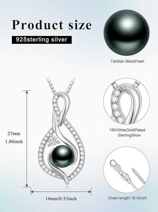 KANNSOAR Tahitian Black Pearl 18K White Gold Plated Sterling Silver Heart/Infinity/Four Leaf Clover Pendant Necklace Jewelry Gifts for Women Wife Mom Girlfriend Wedding Birthday Anniversary Christmas