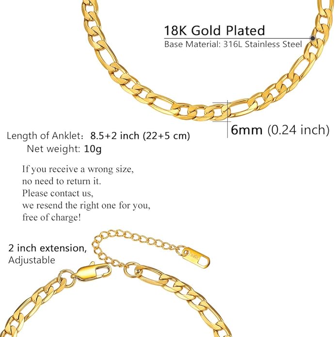 PROSTEEL Stainless Steel Chain Anklets for Women, Silver/Gold Tone, Ankle Bracelets Hypoallergenic, 8-10.5 Inch Adjustable, Come with Box