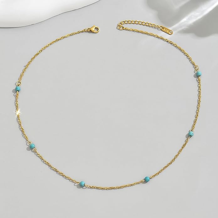 Gold Chain Necklace for Women Dainty 18K Gold Plated Thin Satellite Beaded Turquoise Necklace Simple Gold Boho Jewelry
