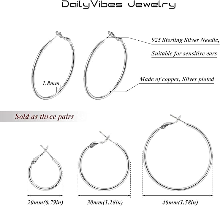 Big Gold Hoop Earrings for Women Hypoallergenic 925 Sterling Silver Post Thin Loop 14K Gold Plated Hoop Earrings Set for Women, 3 Pairs