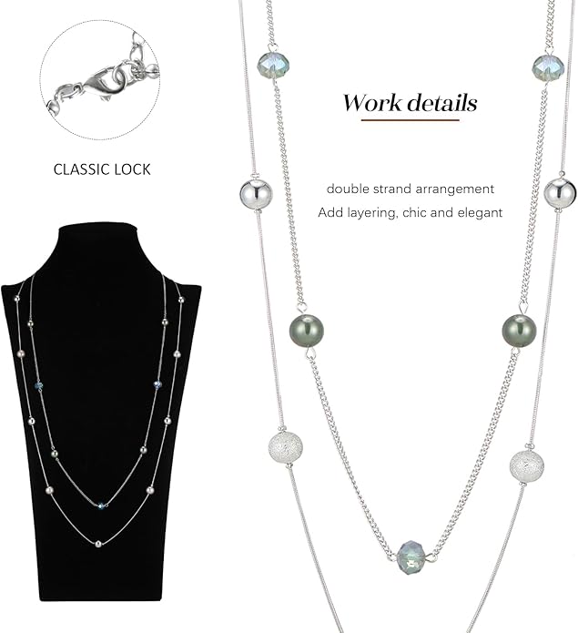 Silver Layered Long Necklace for Women Pearl Crystal Sweater Strand Chain Necklaces Fashion Gifts