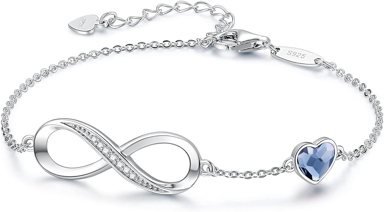 CDE Infinity Heart Birthstone Charm Link Bracelet for Women 925 Sterling Silver Adjustable Mother's Day Gift Anniversary Birthday Jewelry for Wife Girlfriend Her