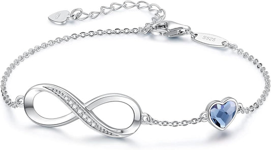 CDE Infinity Heart Birthstone Charm Link Bracelet for Women 925 Sterling Silver Adjustable Mother's Day Gift Anniversary Birthday Jewelry for Wife Girlfriend Her