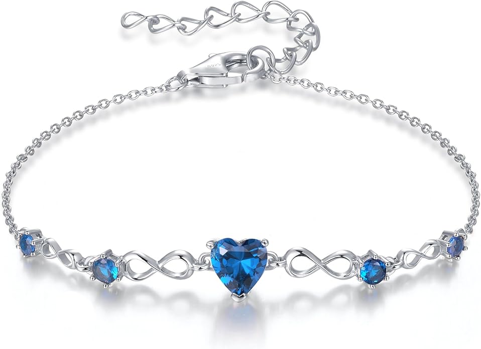 G&GEMSJEW Infinity Heart Birthstone Bracelets for Women, 925 Sterling Silver Women Charm Link Bracelet Adjustable, Birthday Anniversary Christmas Jewelry Gifts for Women Wife Mom Girlfriend Her