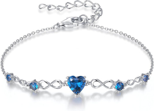 G&GEMSJEW Infinity Heart Birthstone Bracelets for Women, 925 Sterling Silver Women Charm Link Bracelet Adjustable, Birthday Anniversary Christmas Jewelry Gifts for Women Wife Mom Girlfriend Her