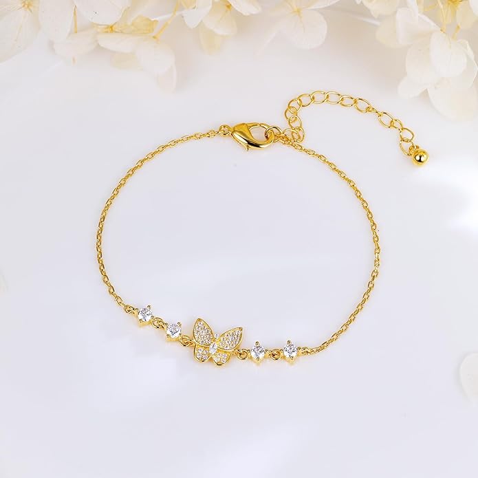 Cubic Zirconia Butterfly Bracelets for Women and Men | Gold Dainty Simple Hypoallergenic Adjustable Bracelet