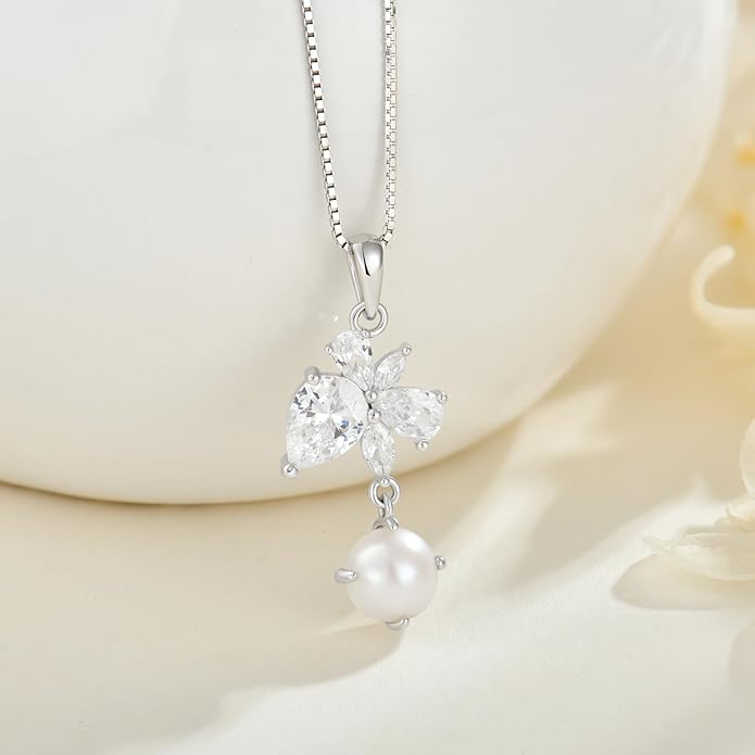 Fahonie Freshwater Pearl Pendant Necklace for Women 925 Sterling Silver Birthstone Necklace Birthday Anniversary Christmas Fine Jewelry Gifts for Women Chain 18"+2" Extend