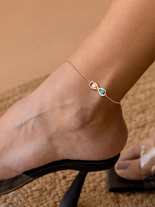 Custom4U Personalized Infinity Ankle Bracelets for Women 925 Sterling Silver Anklet Bracelet Endless Love Symbol Birthstone Charm Adjustable Foot Chain Jewelry Mothers Day Gifts for Mom Wife Women Her