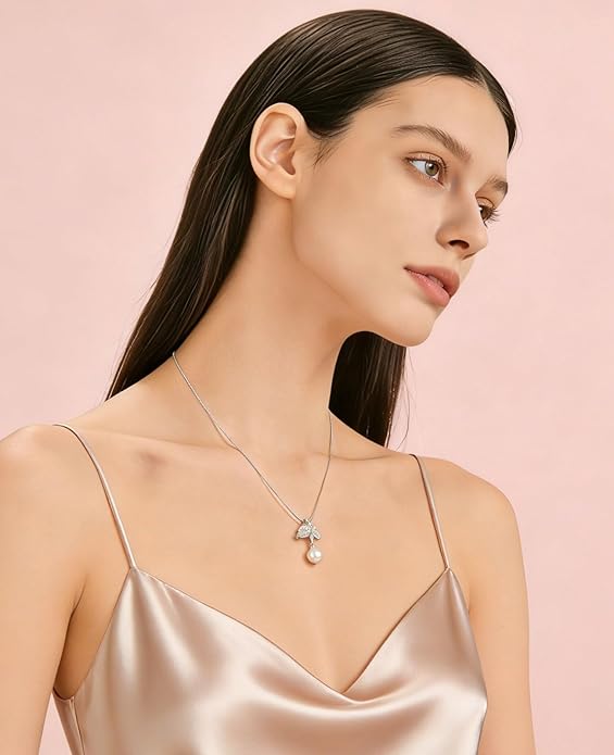 Fahonie Freshwater Pearl Pendant Necklace for Women 925 Sterling Silver Birthstone Necklace Birthday Anniversary Christmas Fine Jewelry Gifts for Women Chain 18"+2" Extend