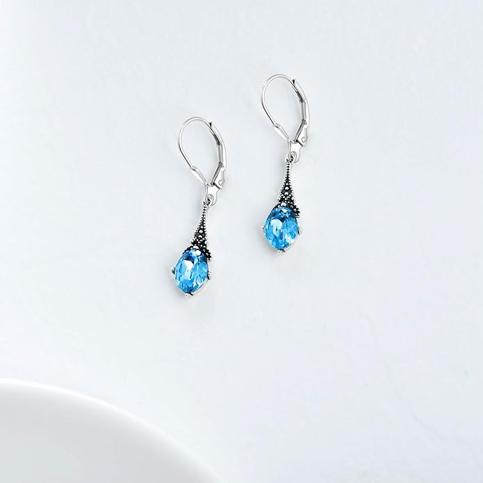 AOBOCO Vintage Earrings for Women Sterling Silver Retro Drop Dangle Leverback Earrings with 8x6mm Oval Genuine or Simulated Birthstone Crystal from Austria, Anniversary Jewelry Gifts for Her Women