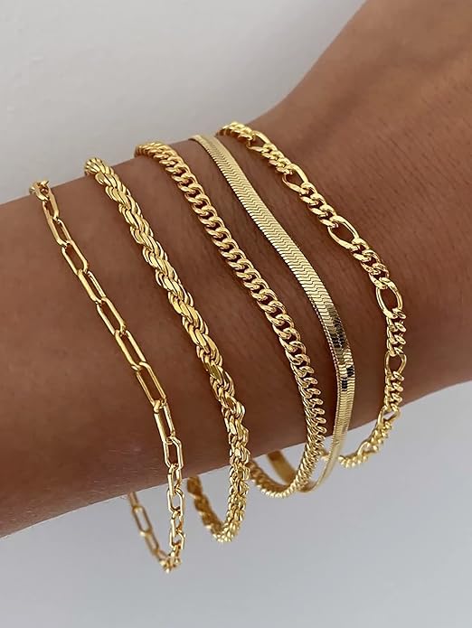 DEARMAY 14K Gold Plated Bracelets for Women, Jewelry Sets Cute Tennis Beaded Bracelets Cuban Link Paperclip Chain Dainty Bracelet Pack Gifts