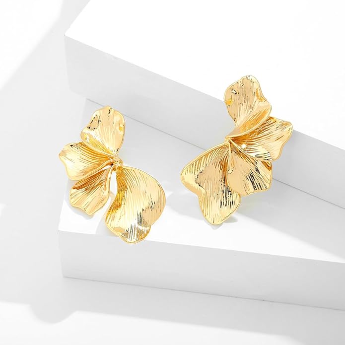 Chunky Gold Statement Earrings For Women Gold Plated Sectored Flower Leaf Shell Angel Wing Earrings Large Stud Earrings Hypoallergenic Earrings