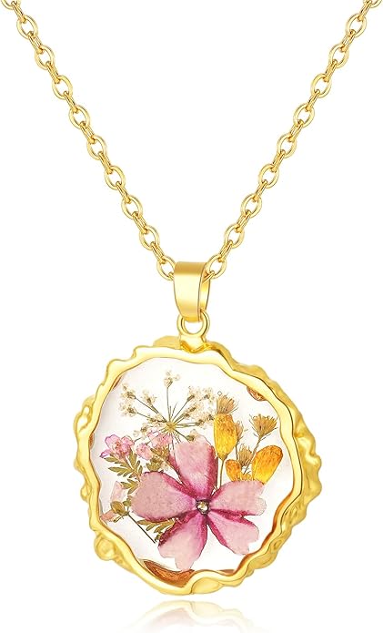 Birth Flower Necklaces for Women,1-12 Month Real Pressed Flower Necklace,Boho-Style Personalized Jewelry, Handmade Floral Pendant,Thoughtful Gift for Christmas,Birthday|18"