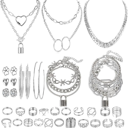 HaHaGirl Golden Collection Fashion Jewelry Set Stocking Stuffers, Layered Necklaces, Bracelets, Earrings, Rings, Modern Contemporary Style for Women