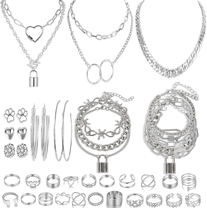 HaHaGirl Golden Collection Fashion Jewelry Set Stocking Stuffers, Layered Necklaces, Bracelets, Earrings, Rings, Modern Contemporary Style for Women