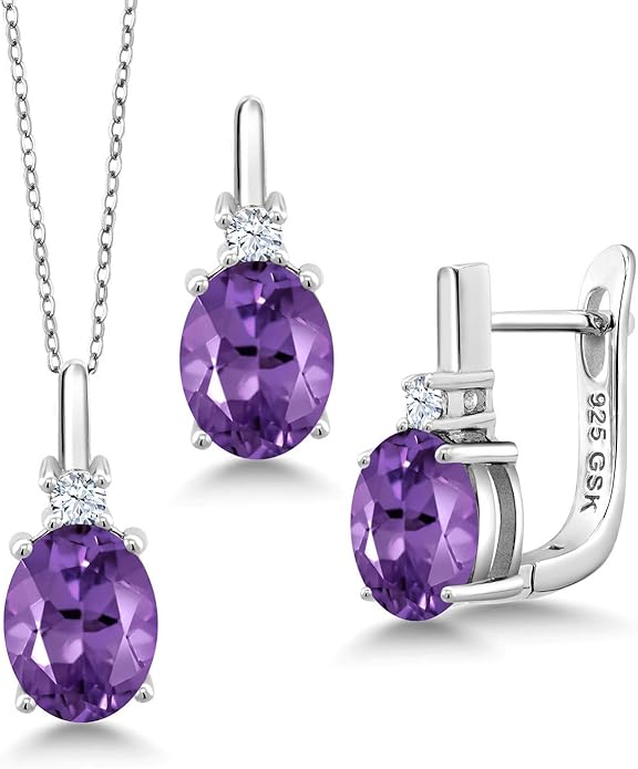 Gemstone Birthstone and White Created Sapphire Pendant and Earrings Jewelry Set for Women in 925 Sterling Silver | Oval 8X6MM and Round 2.5MM | With 18 Inch Chain | Fine Jewelry for Her Mom Women Wife