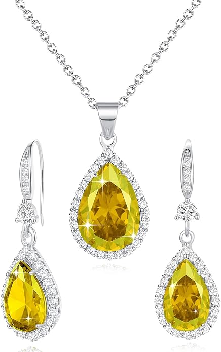 Sumonyo Women Jewelry Set Silver/Gold Plated Teardrop Pendant Necklace Dangle Drop Earrings Dangling Sets Birthstone Crystals Rhinestone,Birthday Anniversary Wedding Mother’s Day Gifts for Women