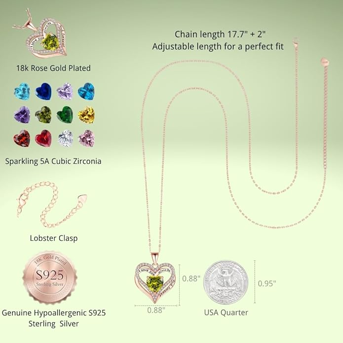 Birthstone Heart Necklace for Women Wife Girlfriend Mom Daughter Gifts S925 Silver Jewelry For Anniversary Rose Gold Gifts For Birthday Christmas Mothers Valentines Day