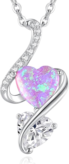 LOUISA SECRET 925 Sterling Silver Opal Birthstone Necklace, Unique Tiny Double Heart Pendant Jewelry, Engraved with "S925 I Love You" Best Birthday Gift for Women Wife Girlfriend Mom Her, Christmas Day Valentine's Day Anniversary Mother's Day