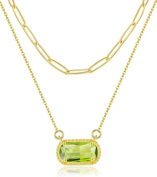 Lourny Gemstone Birthstone Pendant Layered Necklace for Women Trendy, 18K Gold Plated Paperclip Chain Preppy Choker Charm Necklace for Women Wife Jewelry
