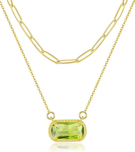 Lourny Gemstone Birthstone Pendant Layered Necklace for Women Trendy, 18K Gold Plated Paperclip Chain Preppy Choker Charm Necklace for Women Wife Jewelry