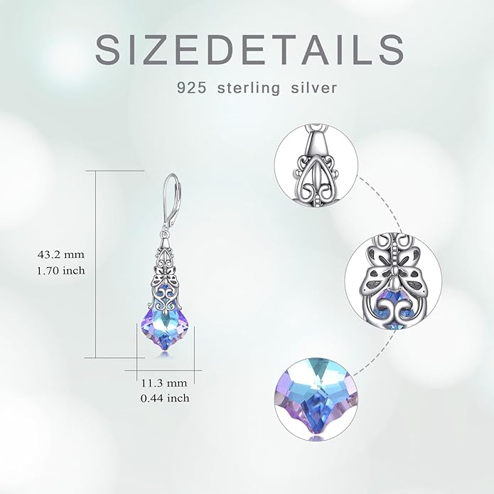 Austrian Crystal Dangle Drop Leverback Earrings for Women 925 Sterling Silver Vintage Oxidized Butterfly Filigree Hypoallergenic Jewelry