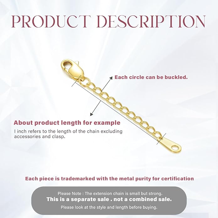 14k Gold Necklace & Bracelet Extender Chain, 1"/1.5"/2"/3"/4"/5" Durable Removable Gold Extension Chain