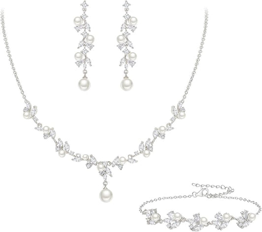 EleQueen Women's Simulated Pearl Wedding Jewelry Set, Cubic Zirconia Marquise Floral Bridal Necklace Earrings Bracelet Sets