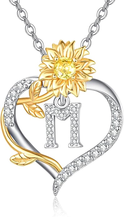AENEAS Sunflower Initial Necklace for Women Gold Plated Sterling Silver Letter Heart Pendant Jewelry Gift for Mom Wife Birthday Anniversary Christmas