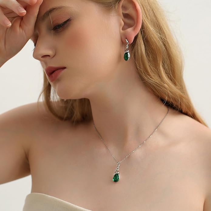 RUOFFETA Teardrop Crystal Jewelry Set, Birthstone Pendant Necklace Drop Dangle Earrings for Women