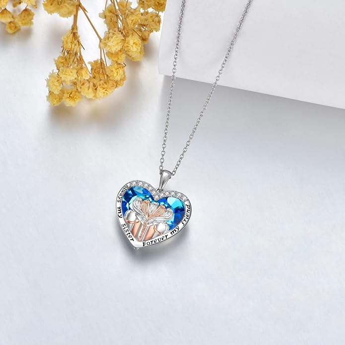 POPKIMI 925 Sterling Silver Sister Necklace - Birthday Gift for Sisters, Mom, Daughter - Always My Sister Forever My Friend Crystal Necklace for 2/3/4/5 Sisters