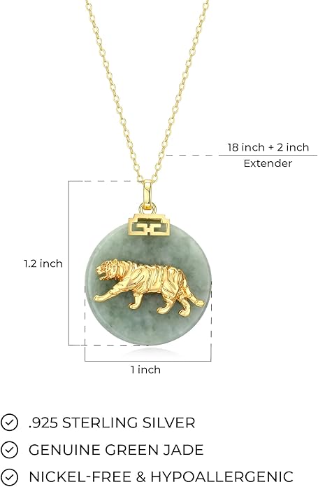 ETERNAL JADE .925 Sterling Silver 18K Gold Plated Chinese Zodiac Sign Pendant Necklaces for Women - Hypoallergenic Genuine Green Jade Gold Necklace for Women Zodiac Year Jewelry, 18 inch Chain
