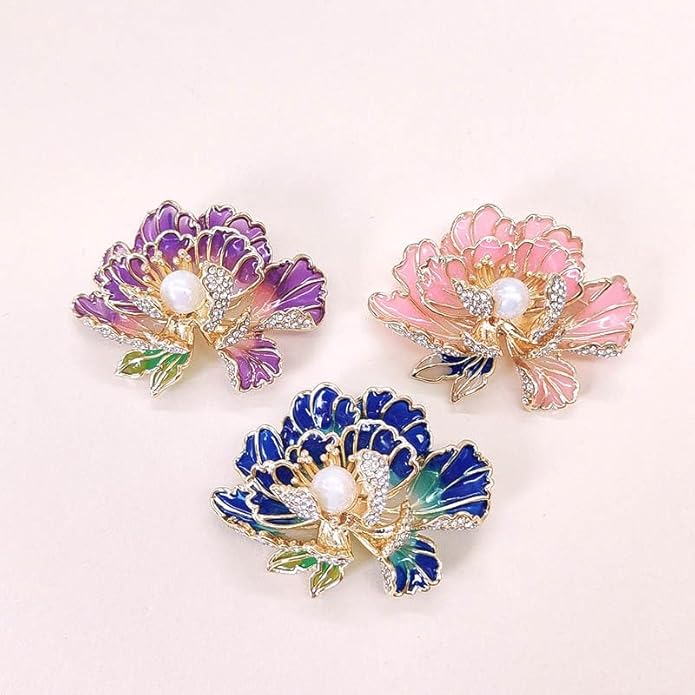 3Pcs Peony Flower Brooch Pin for Women Elegant Enamel Floral Brooch Set Dainty Cubic Zircon Pearl Lapel Pins Flower Pins for Clothes Hat Dress Accessories Prom Jewelry