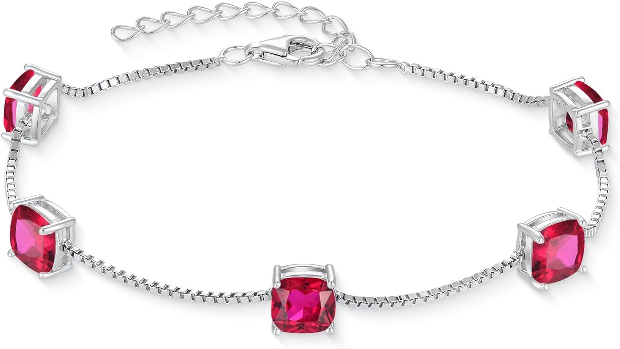 Birthstone Bracelet for Women 925 Sterling Silver Dainty Princess Cut Link Bracelet Jewelry Gifts for Her