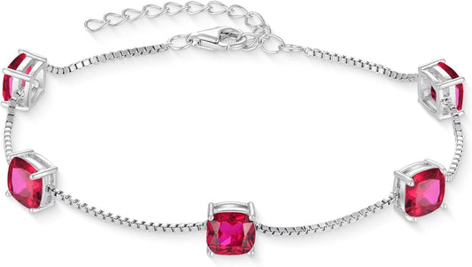 Birthstone Bracelet for Women 925 Sterling Silver Dainty Princess Cut Link Bracelet Jewelry Gifts for Her