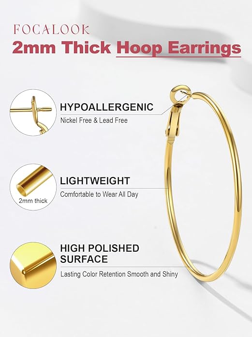 FOCALOOK 14K Gold Plated Lightweight Large Hoops| 2mm Thin Hoop Earrings for Women 30/40/50/70/100mm