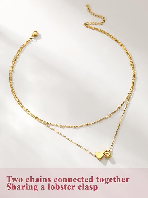 FOCALOOK Layered Initial Necklace for Women, 14K Gold Plated Choker Necklaces Stacks with Initial A-Z, Dainty Silver Heart Pendant Necklace Personalized Birthday Women Jewelry