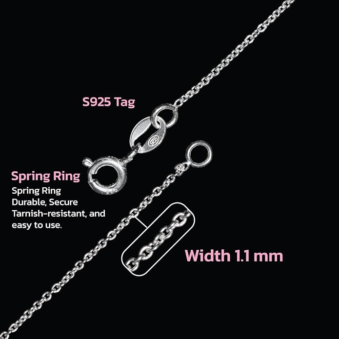 Thin Solid 925 Sterling Silver Chain Necklace 1.1mm, 14 16 18 20 22 24 Inch, Cable Chain, Anti-tarnish, Hypoallergenic, Includes Gift Box, Strong Dainty Chain for Women, Made in Thailand