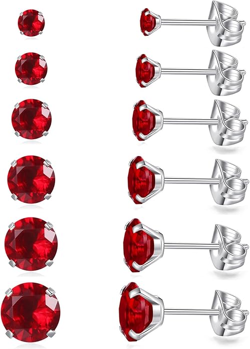 6 Pairs Stud Earrings Set, Hypoallergenic Cubic Zirconia Earrings 316L Stainless Steel CZ Earrings 3-8mm