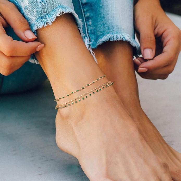 MTMY Gold Anklets for Women 14K Gold Plated Tiny Bead Anklet Colorful Tassel Foot Chain Dainty Adjustable Cute Summer Beach Boho Anklets Jewelry Gift