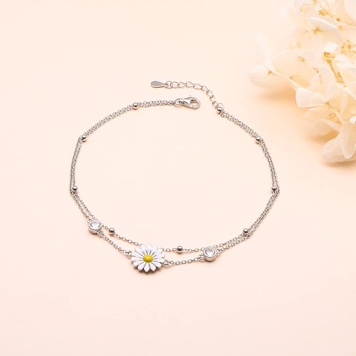 Anklets for Women 925 Sterling Silver Charm Layered Simulated Opal/Moonstone/Daisy/Infinity Summer Beach Ankle Bracelet Foot Chain Jewelry Birthday Valentine's Day Mother's Day Gift